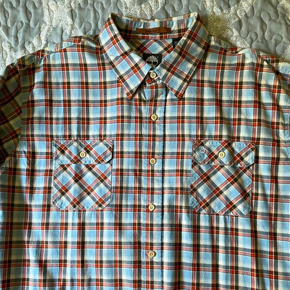 Timberland Men’s Plaid Button Down Long Sleeve Shirt W/ Pockets. Rust/Blue. 2XL